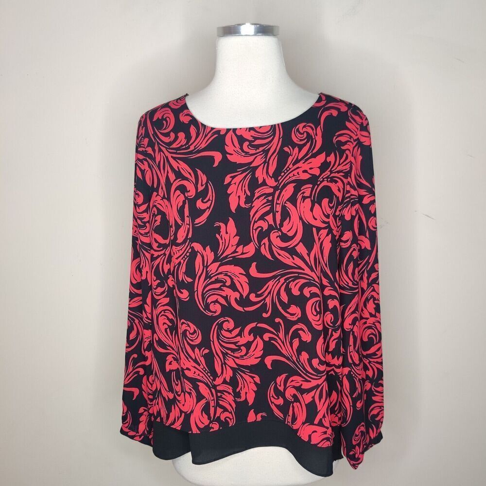Chico's Floral Blouse Red Black Chiffon Hi‎ Low Layered